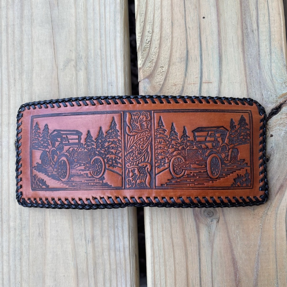 Vintage BiFold Leather Wallet Car Driving Hand Tooled Handmade Whipstitch USA